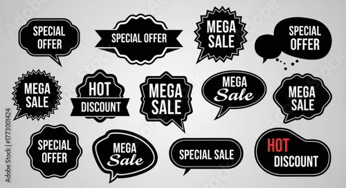 Special offer, mega sale and hot discount labels in different shapes and styles.