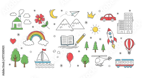 Collection of doodle elements house, rainbow, mountains, book, car, rocket, balloon, nature & more