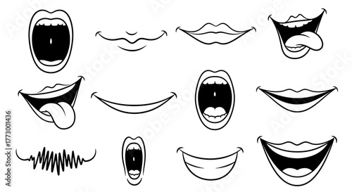 Collection of diverse cartoon mouth illustrations, showcasing expressions and emotions through line art