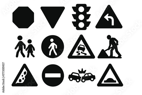 Road Warning Icons. Solid style icons of Road warnings: stop sign, yield triangle, traffic light alert, sharp turn warning, school