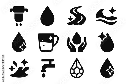 Clean Water Icons. Solid style icons of Clean water and purity: water filter, pure droplet, clear stream, clean wave, distilled