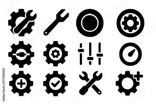Settings Icons Collection. Solid style icons of Settings: gear with wrench, cog with screwdriver, settings dial, preferences wheel