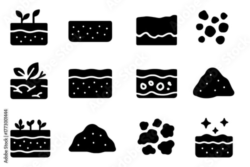Soil Layers Icons. Solid style icons of Soil Layers: topsoil, subsoil, bedrock, soil particles, compost layer, sand soil, clay