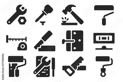 Fixing Actions Icons. Solid style icons of Fixing actions: tightening bolt, turning screw, hammering nail, cutting wood, welding