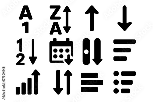 Sorting Action Icons. Solid style icons of sorting actions: A-Z icon, Z-A icon, ascending arrow, descending arrow, number sort
