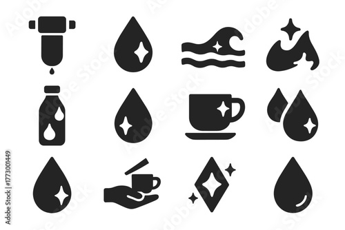 Clean Water Icons. Solid style icons of Clean water and purity: water filter, pure droplet, clear stream, clean wave, distilled