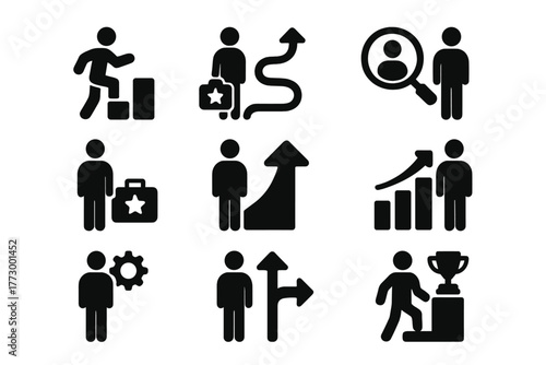 Career Path Icons. Solid style icons of Careers: career ladder, career path, job search, dream job, promotion arrow, professional