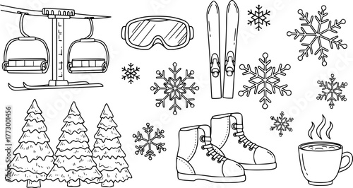 Doodle winter skiing icons: lift, goggles, snowflakes, trees, boots, cozy cup