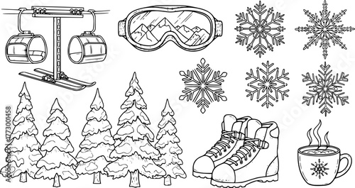 Doodle winter skiing icons: lift, goggles, snowflakes, trees, boots, cozy cup