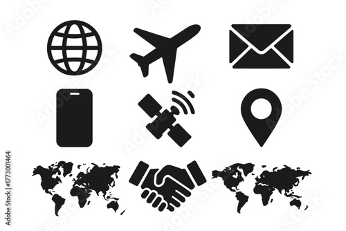 Global News Icons. Solid style icons of global news: globe, airplane, envelope, smartphone, satellite, location pin, world map,