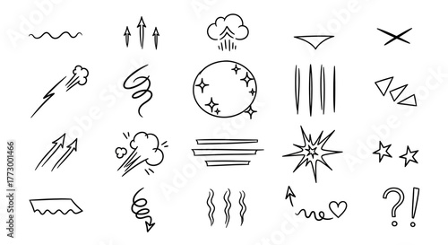 Collection of hand-drawn graphic elements including speed lines, arrows, and expressive marks for design projects