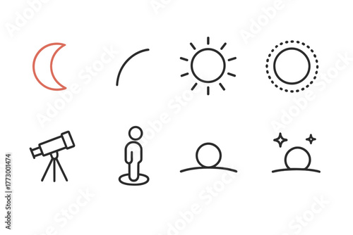 Lunar Eclipse Icons. Line style icons of Lunar Eclipse: Red Crescent Moon, Earth's Shadow Curve, Umbra Glow, Penumbra Fade,