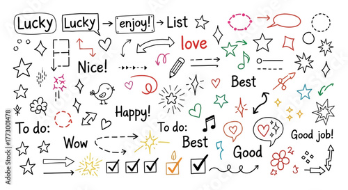 Doodle Elements Set with Arrows, Stars, Hearts, Checkmarks, and Handwritten Words