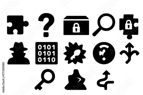 Mystery Icon Collection. Solid style icons of Mystery: hidden piece, question mark, secret box, magnifying glass, locked puzzle,