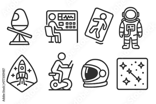 Astronaut Training Icons. Line style icons of Astronaut Training: Centrifuge, Control Panel, Zero-G Simulator, Spacesuit, Mission