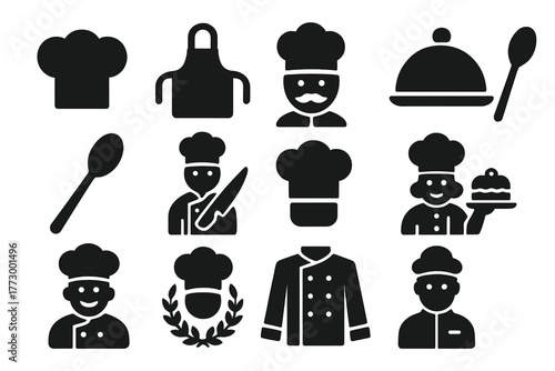 Chef Icon Set. Solid style icons of Chefs: chef hat, apron, chef face, serving cloche, cooking spoon, chef with knife, baker hat,