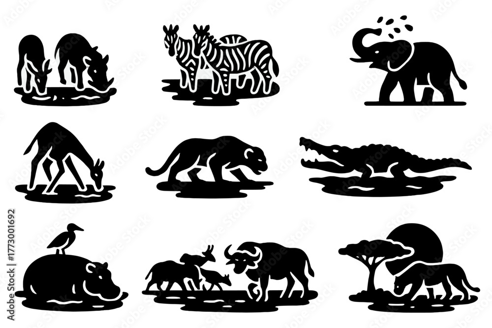 Obraz premium Wildlife Icon Extravaganza. Solid style icons of Wildlife Interaction: animals drinking, zebra herd at water, elephant spraying,