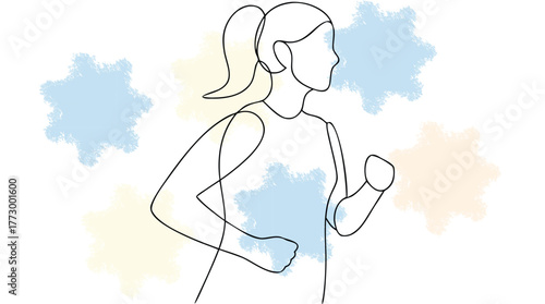 Woman Running in Line Art with Soft Pastel Starbursts runner jogger single line