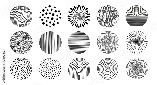Set of abstract circular graphic elements with diverse linear and dotted patterns for creative design applications