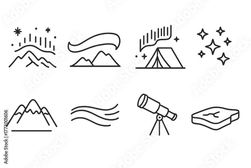 Aurora Icon Set. Line style icons of Aurora: Polar Sky, Green Arc, Observation Tent, Star Cluster, Snow-Covered Ridge, Aurora
