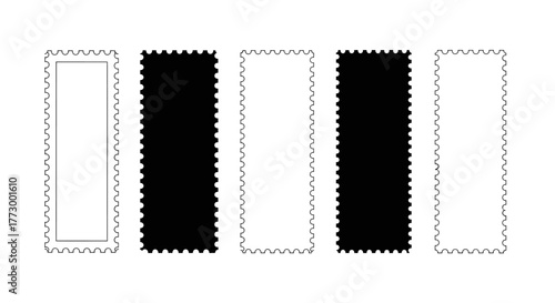 Simple graphic illustration of five vertical rectangles with perforated edges on a white background