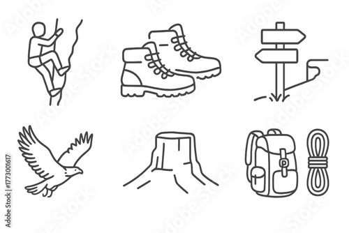 Adventure Plateau Icons. Line style icons of Adventure Plateau: Rock Climbing, Hiking Boots, Trail Sign, Cliff Edge, Soaring Eagle