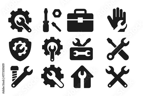 Repair Tools Icons. Solid style icons of Repair: gear with wrench, screwdriver and nut, toolbox, repair hand, maintenance badge,