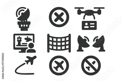 Air Traffic Icons. Solid style icons of Air Traffic Management: radar tower, restricted zone, drone ID, control center, safety net