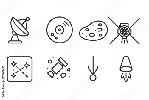 Space Probe Line Icons. Line style icons of Space Probe: Satellite Dish, Golden Record, Planetary Surface, Ion Engine, Star Map,