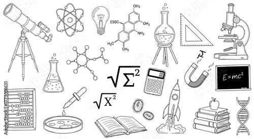 Set of Scientific and Educational Icons and Symbols with Hand-Drawn Style