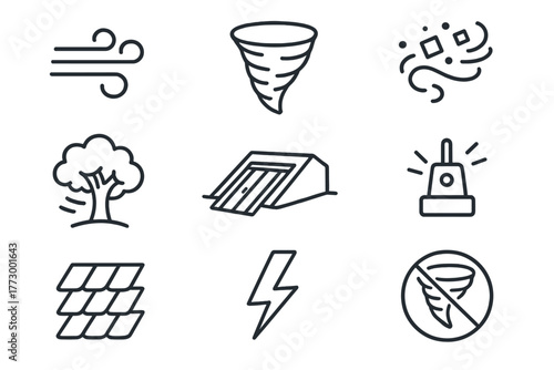 Tornado Weather Icons. Line style icons of Tornado Outdoors: Wind, Funnel Cloud, Debris, Tree, Storm Cellar, Warning Siren, Roof