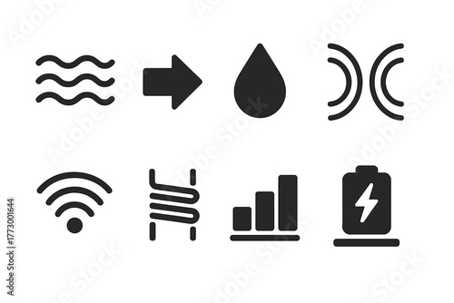 Energy Transfer Icons. Solid style icons of energy transfer: waves, arrow, droplet, field lines, wireless signal, coil, bar chart,