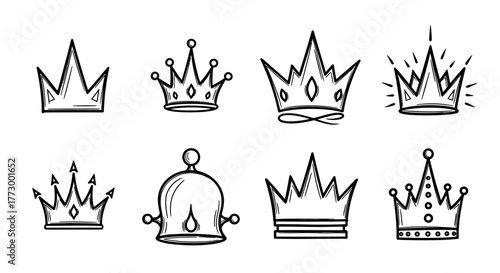 Collection of royal crowns in a variety of artistic styles, perfect for design and decoration