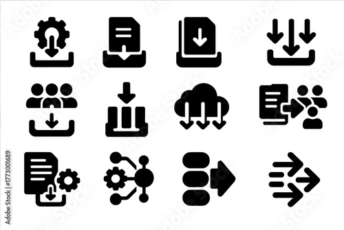 Automation Icons Collection. Solid style icons of automation and bulk downloads: auto-download icon, scheduled save, multiple file