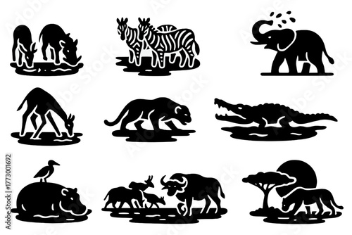Wildlife Icon Extravaganza. Solid style icons of Wildlife Interaction: animals drinking, zebra herd at water, elephant spraying,