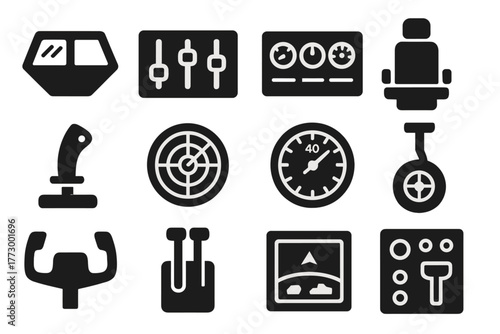 Solid Cockpit Icons. Solid style icons of airplane controls and cockpit: cockpit window, airplane controls, flight dashboard,
