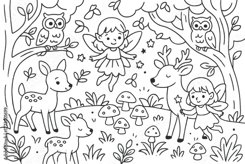 Enchanted Forest Coloring Page. Magical forest glade with fairies, deer, owls, and glowing mushrooms, black and white line art,