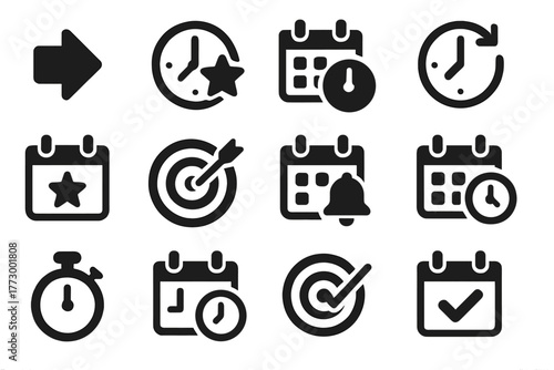 Future Scheduling Icons. Solid style icons of future and scheduling tools: forward time arrow, clock with future star, plan ahead
