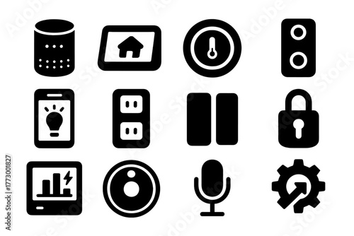 Smart Home Icons. Solid style icons of smart home devices: smart speaker, home hub, smart thermostat, doorbell camera,