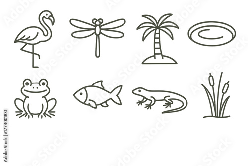 Wildlife Oasis Icons. Line style icons of Wildlife Oasis: Flamingo, Dragonfly, Palm Tree, Water Pool, Frog, Fish, Lizard, Reeds,