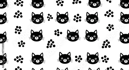 Seamless pattern of cute black cat faces and paw prints. Minimalist cartoon kitten background, ultra graphic vector illustration for fabric or wallpaper