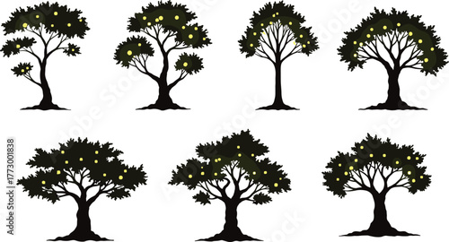 Glowing fruit trees silhouette, night forest illustration, magical nature design, luminous botanical vector