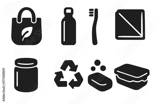 Zero Waste Icons. Solid style icons of zero waste lifestyle: reusable bag, metal bottle, bamboo toothbrush, cloth napkin, jar,