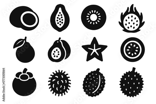 Tropical Fruit Icons. Solid style icons of Tropical fruits: coconut, papaya, kiwi, dragon fruit, lychee, guava, starfruit,
