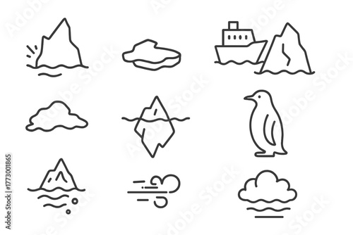 Antarctic Iceberg Icons. Line style icons of Antarctic Iceberg: Calving Ice, Floating Ice, Ship, Snow Patch, Tip, Underwater Mass,