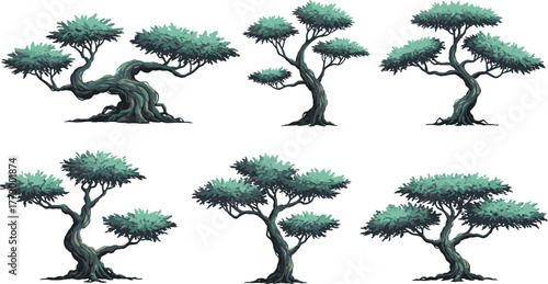 Twisted bonsai tree illustration, ancient forest design, stylized nature artwork, detailed vector greenery