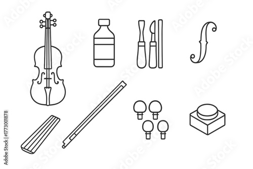 Luthier Tools Icons. Line style icons of Luthier: Violin, Varnish, Wood Carving Tools, Soundhole, Fingerboard, Bow, Tuning Pegs,