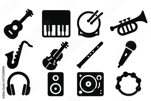 Solid Music Icons. Solid style icons of Music instruments: guitar, piano, drum, trumpet, saxophone, violin, flute, microphone,