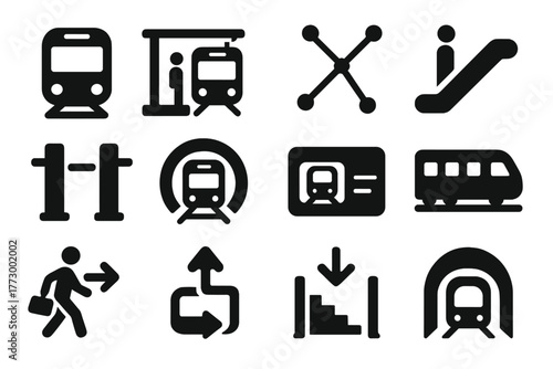 Metro System Icons. Solid style icons of metro and subway systems: underground train, subway platform, metro line map, escalator