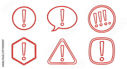 Collection of red warning and exclamation mark icons in various geometric and speech bubble shapes